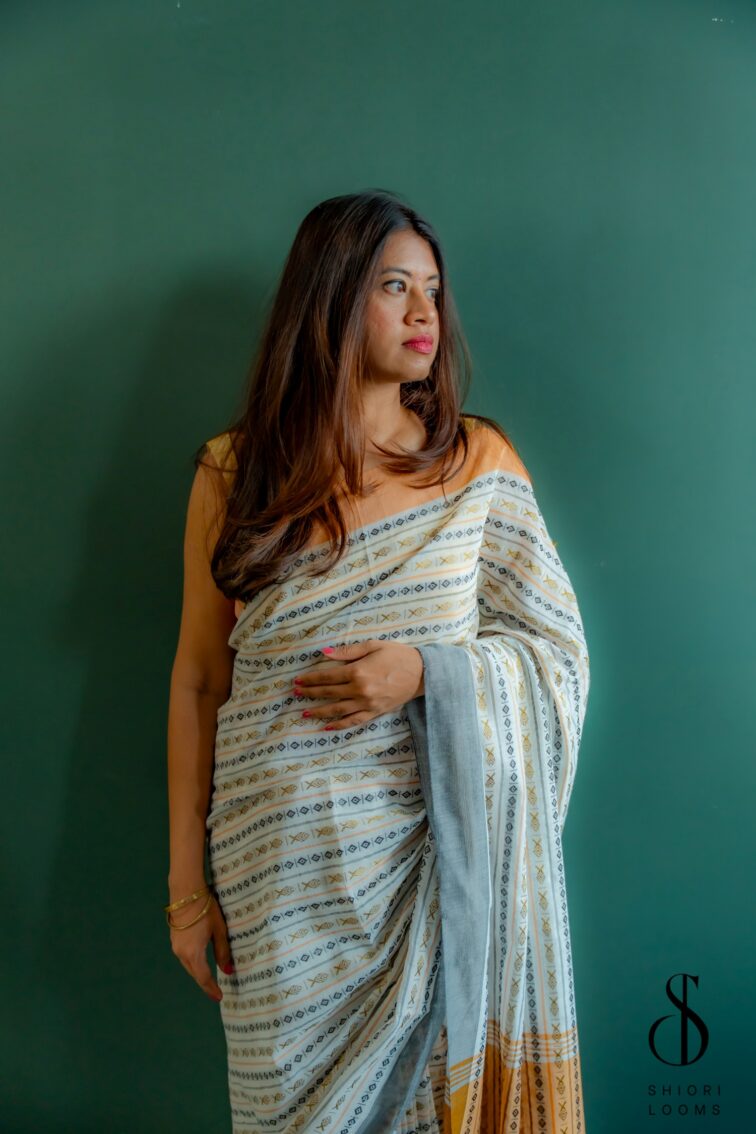 Handwoven pure cotton saree with fish weave