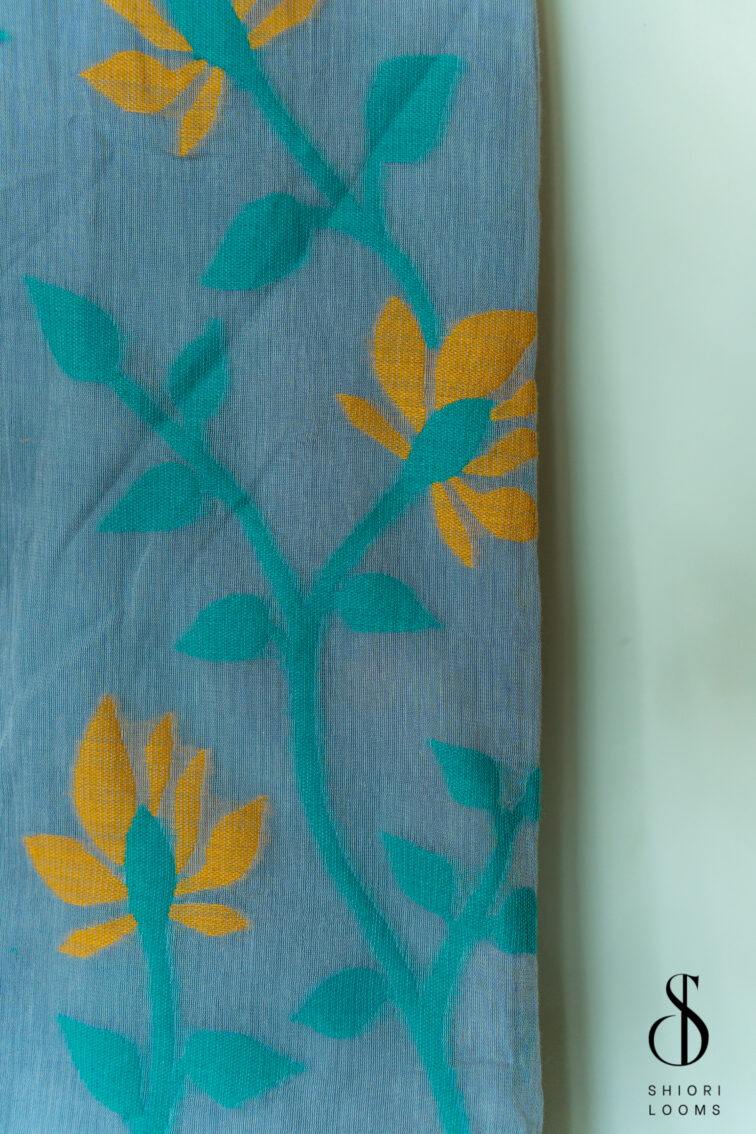 Handwoven pure cotton Jamdani saree in smokey blue