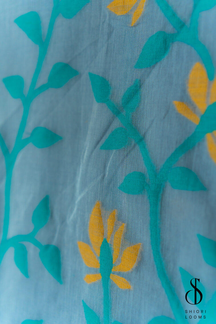 Handwoven pure cotton Jamdani saree in smokey blue
