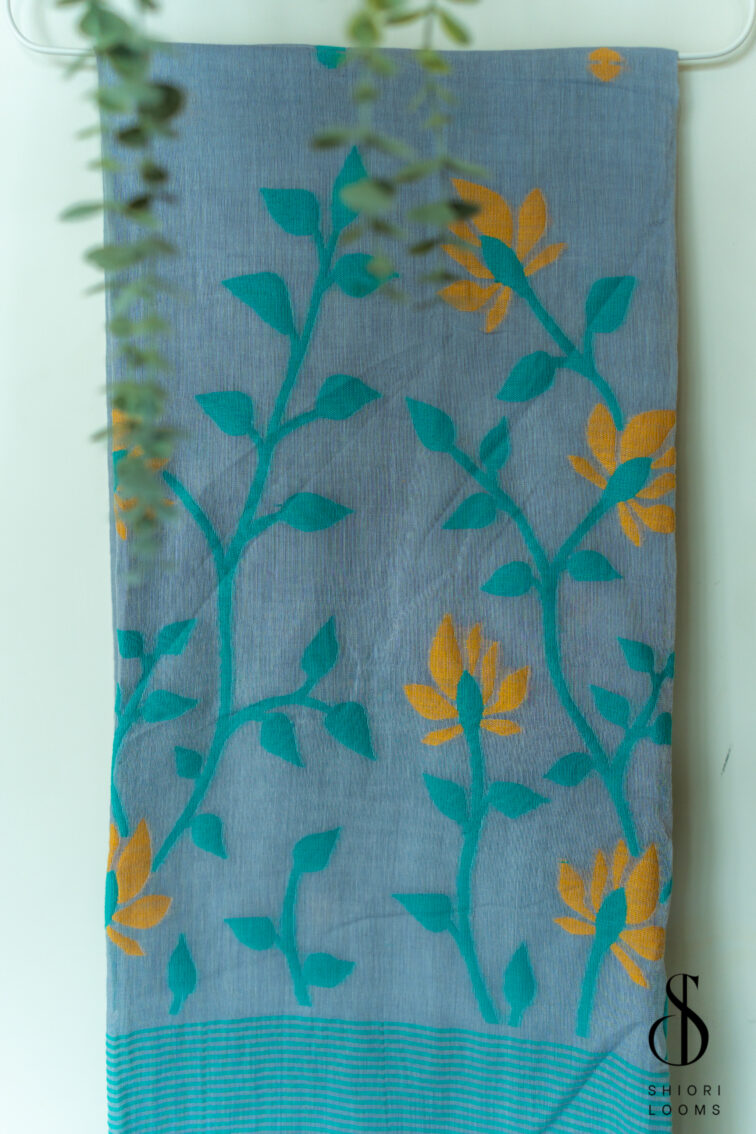 Handwoven pure cotton Jamdani saree in smokey blue