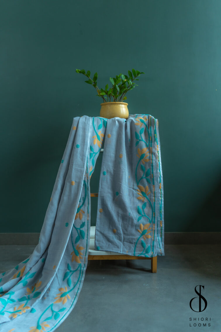 Handwoven pure cotton Jamdani saree in smokey blue