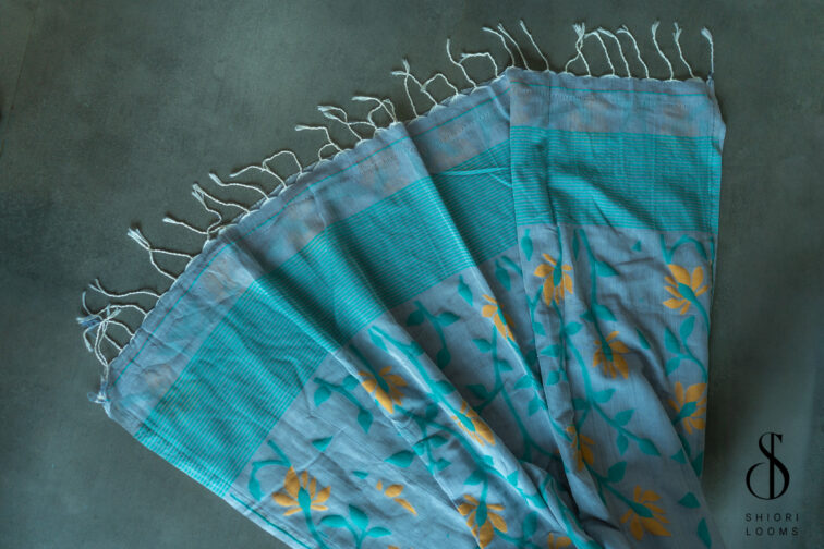 Handwoven pure cotton Jamdani saree in smokey blue