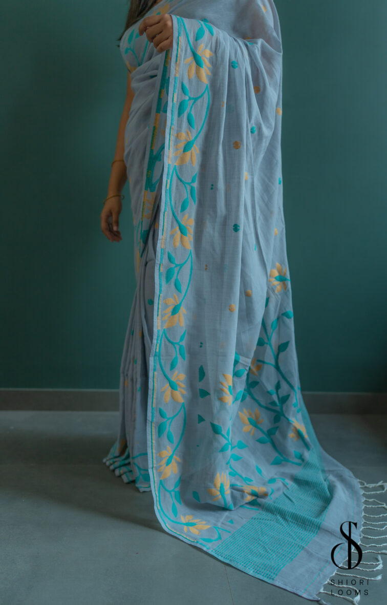 Handwoven pure cotton Jamdani saree in smokey blue