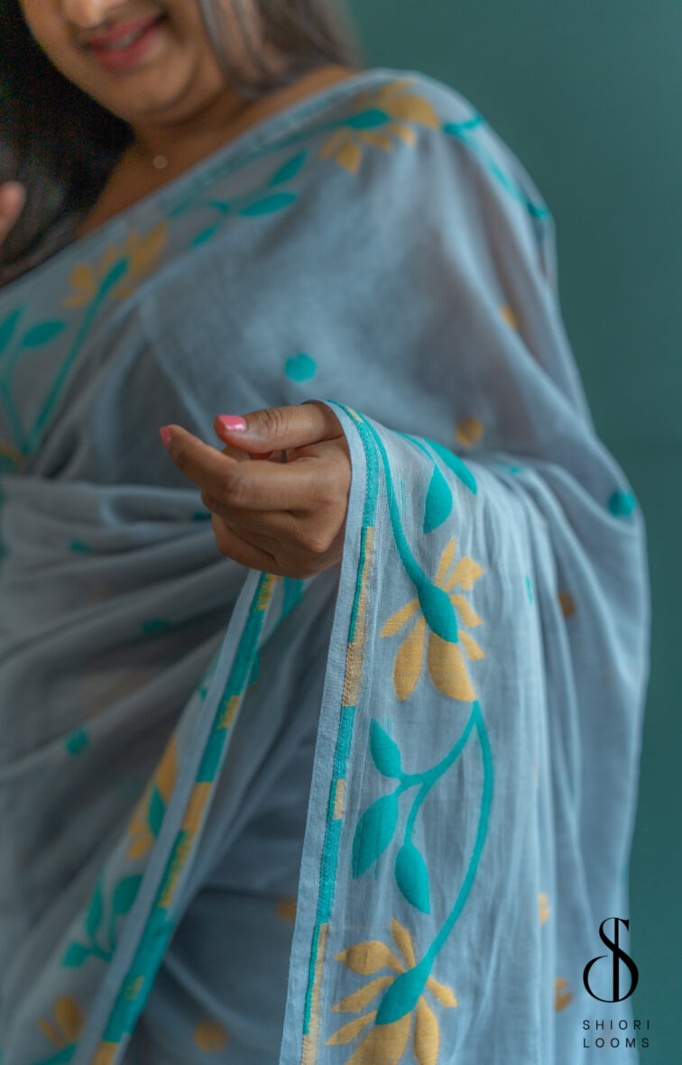 Handwoven pure cotton Jamdani saree in smokey blue