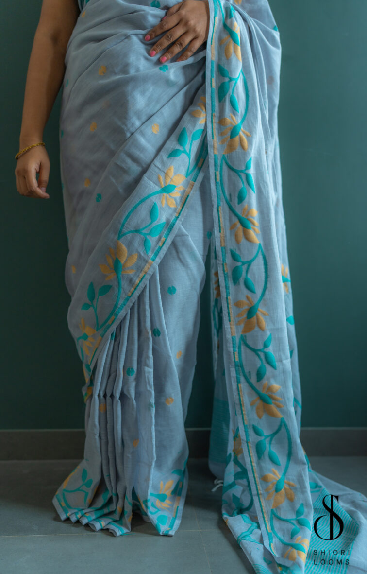Handwoven pure cotton Jamdani saree in smokey blue