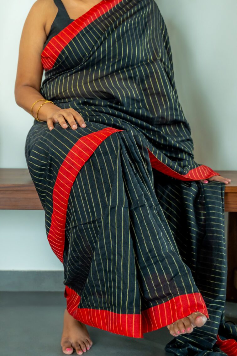 Handloom pure mul cotton saree in black with red border