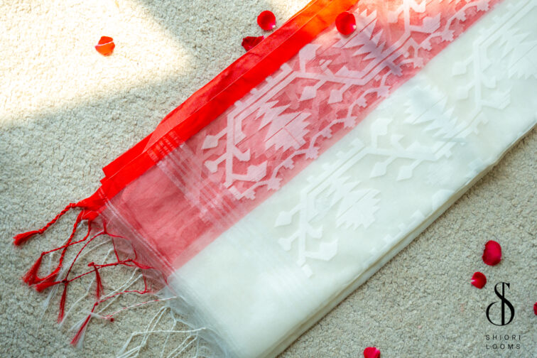 Handwoven Red & White Muslin Cotton Saree
