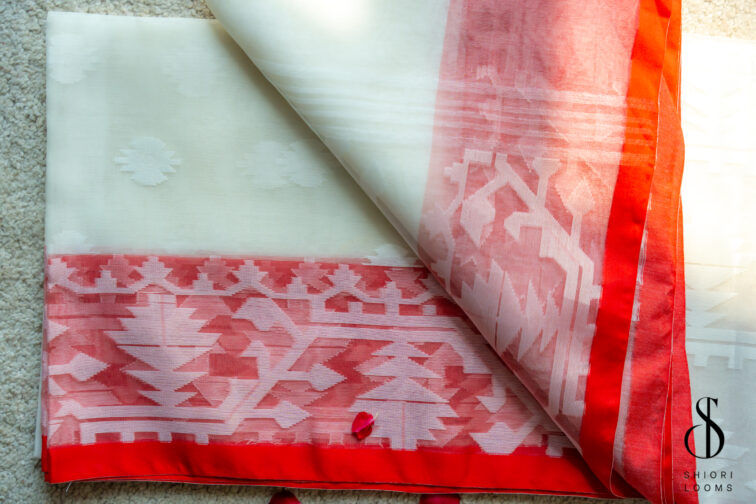Handwoven Red & White Muslin Cotton Saree
