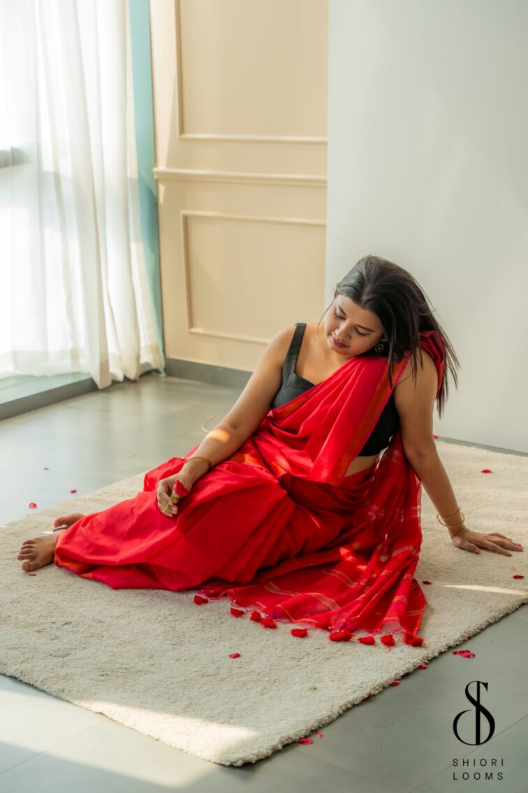 Handwoven Pinkish Red Cotton Silk Saree