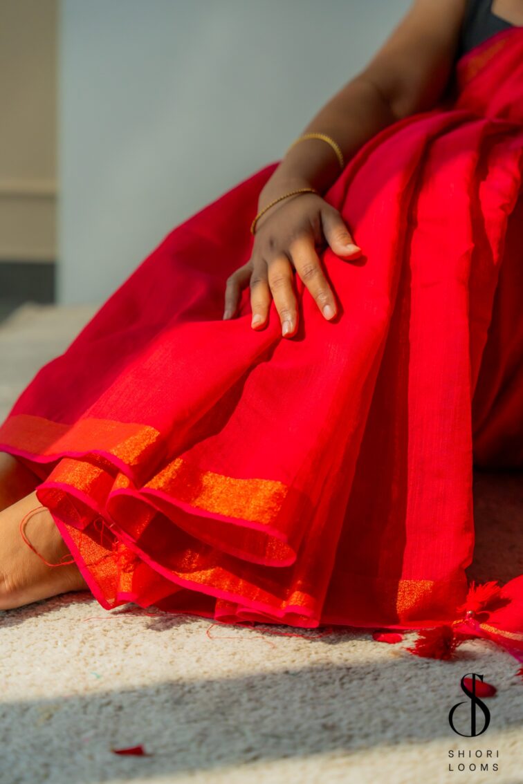 Handwoven Pinkish Red Cotton Silk Saree