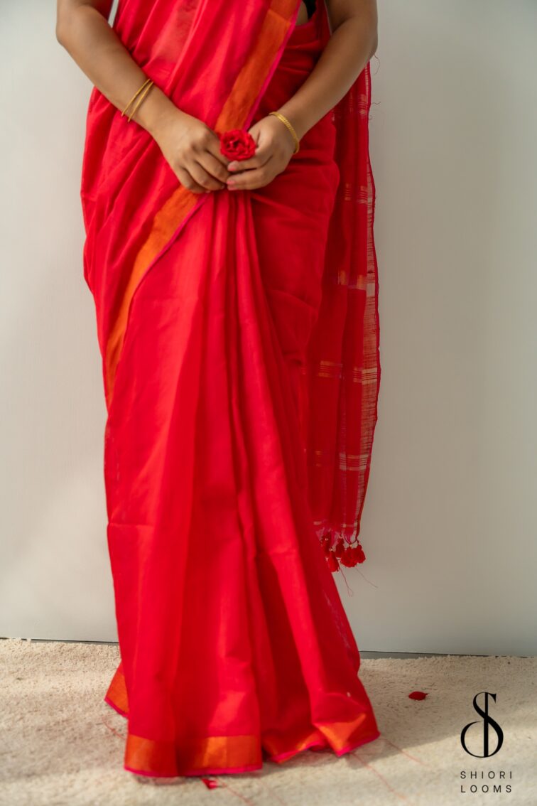 Handwoven Pinkish Red Cotton Silk Saree