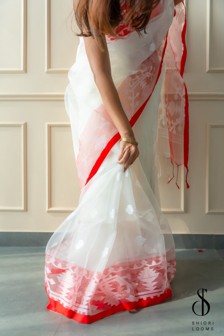 Handwoven Red & White Muslin Cotton Saree