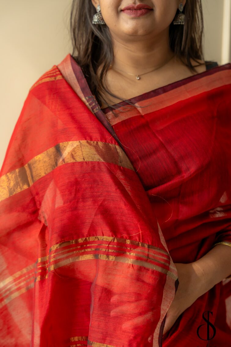 Handwoven Maroon cotton silk saree