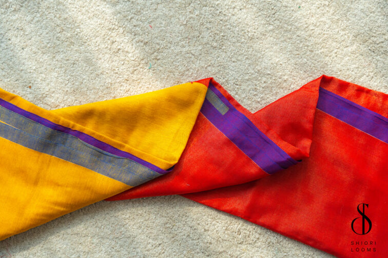 Handwoven Cotton Tissue Saree in Red, Blue & Yellow