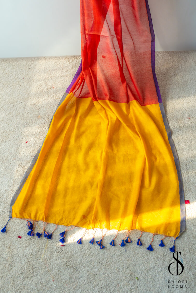 Handwoven Cotton Tissue Saree in Red, Blue & Yellow