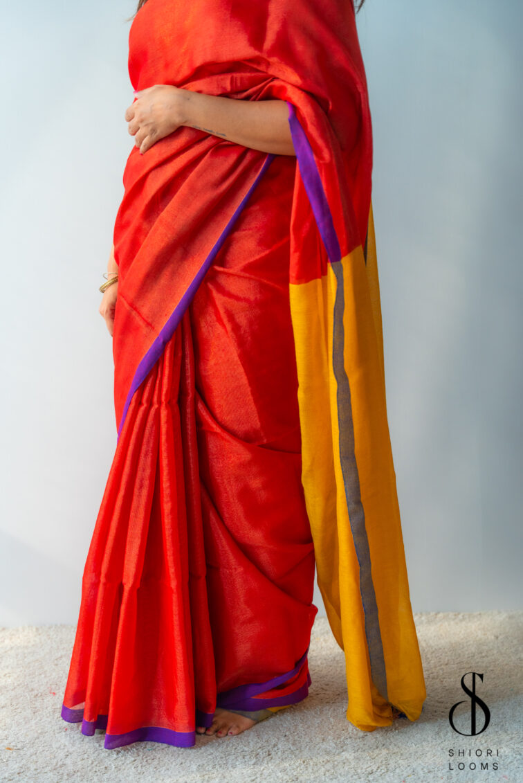 Handwoven Cotton Tissue Saree in Red, Blue & Yellow