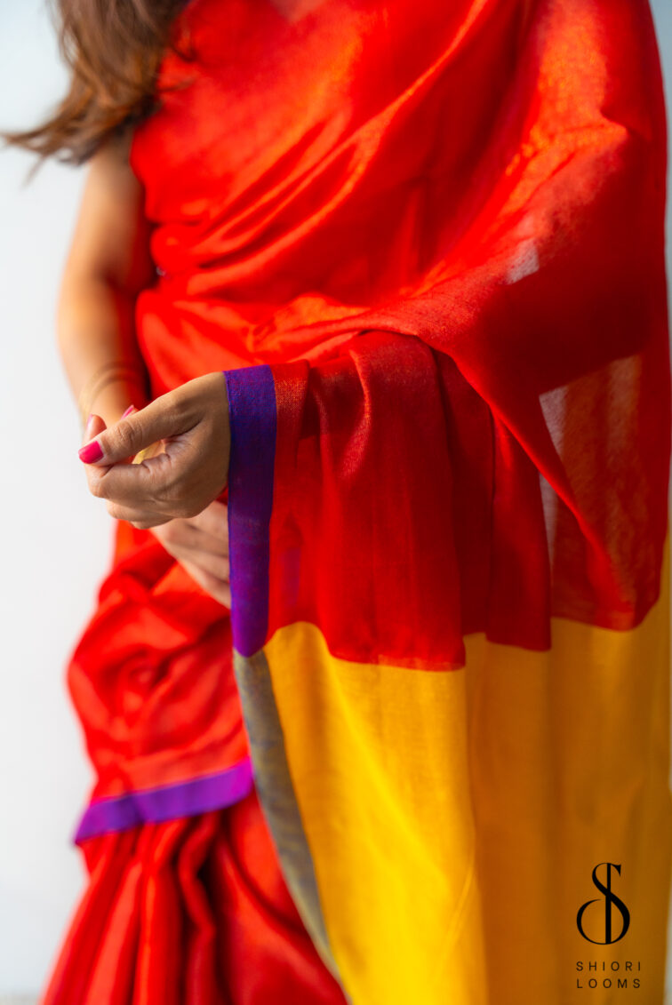Handwoven Cotton Tissue Saree in Red, Blue & Yellow