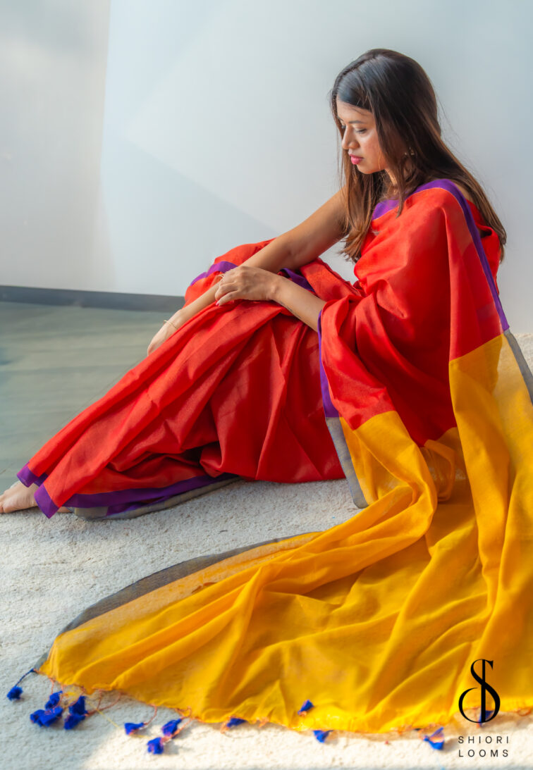 Handwoven Cotton Tissue Saree in Red, Blue & Yellow