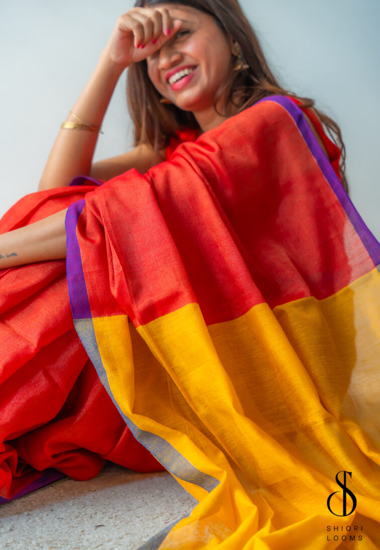Handwoven Cotton Tissue Saree in Red, Blue & Yellow