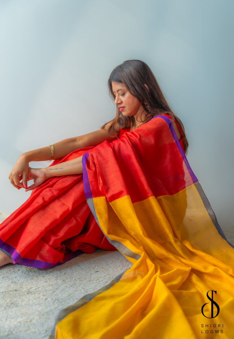 Handwoven Cotton Tissue Saree in Red, Blue & Yellow
