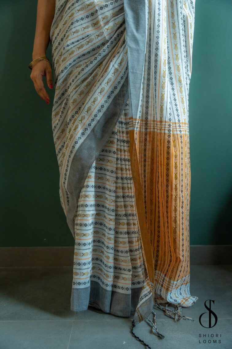 Handwoven pure cotton saree with fish weave