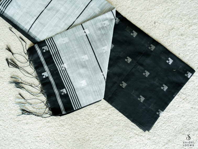 Handwoven cotton silk Jamdani saree in black and grey