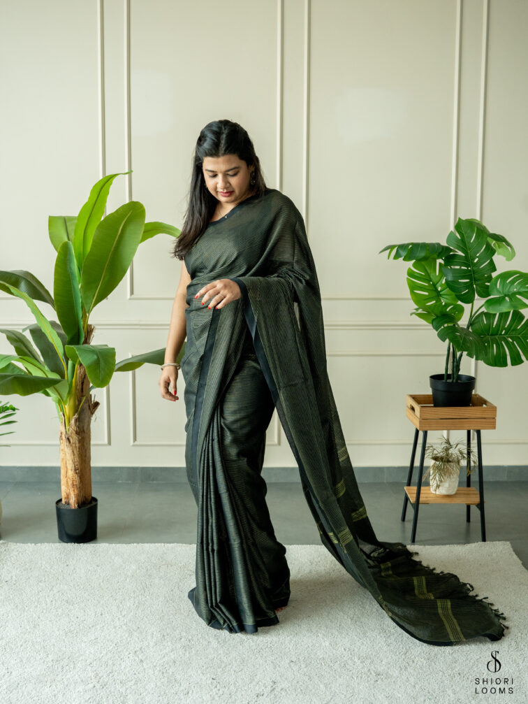 Handwoven Black cotton saree with Zari stripes