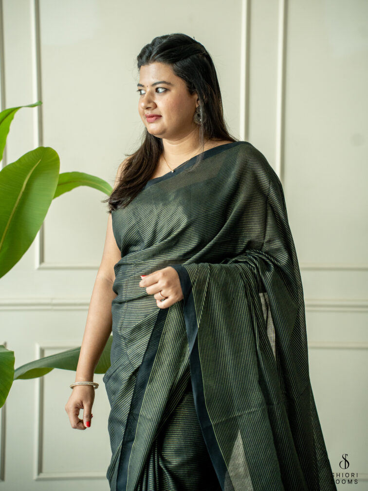 Handwoven Black cotton saree with Zari stripes