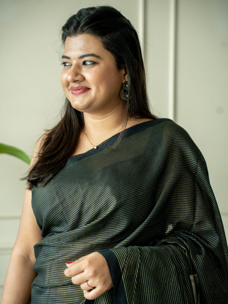 Handwoven Black cotton saree with Zari stripes