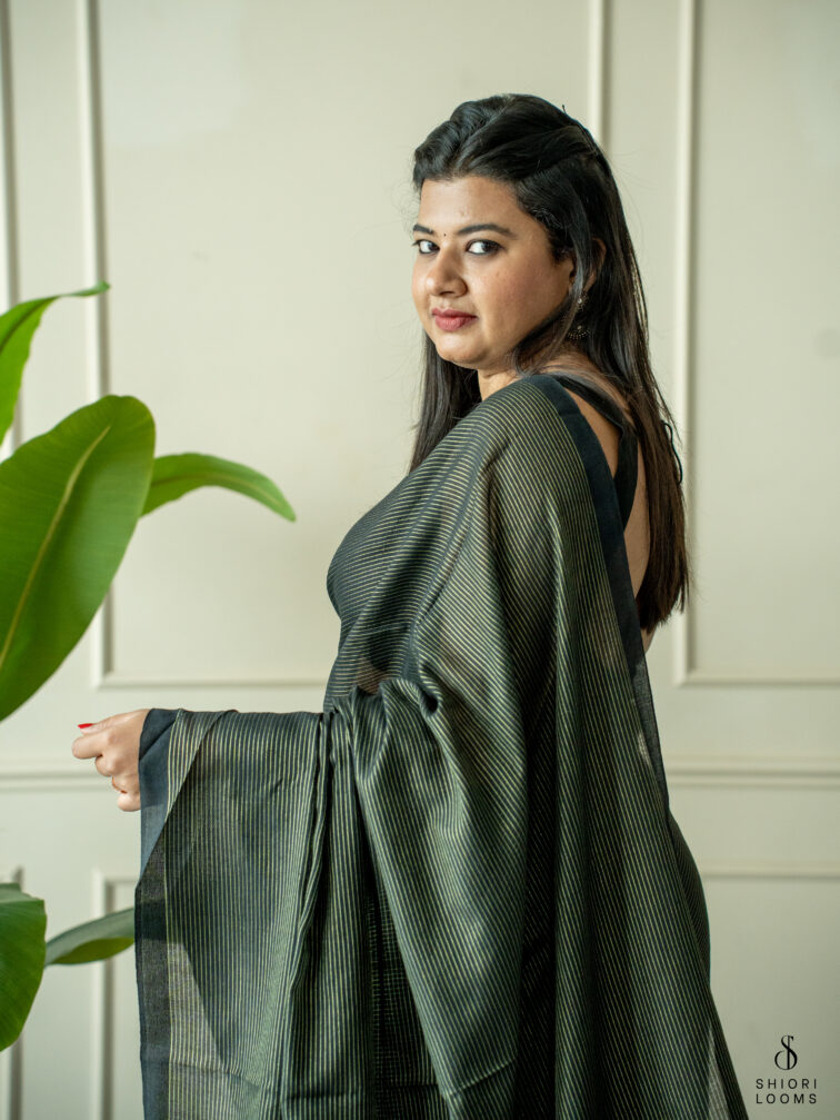 Handwoven Black cotton saree with Zari stripes