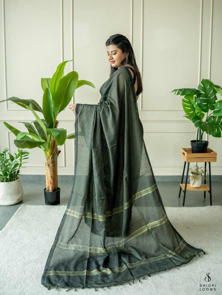 Handwoven Black cotton saree with Zari stripes