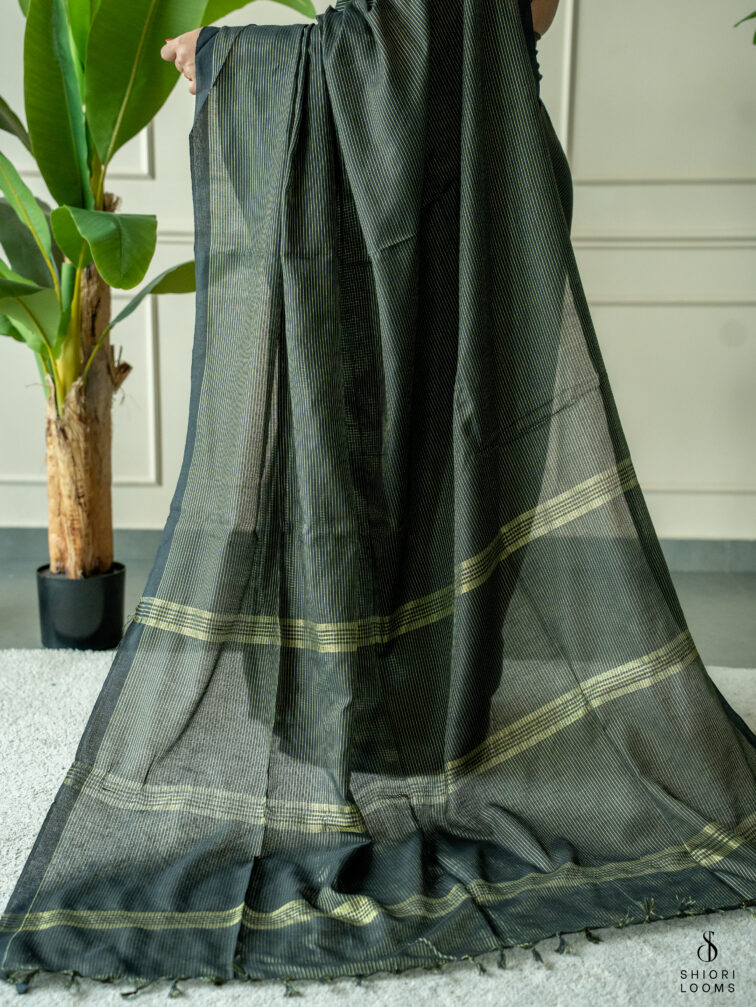 Handwoven Black cotton saree with Zari stripes