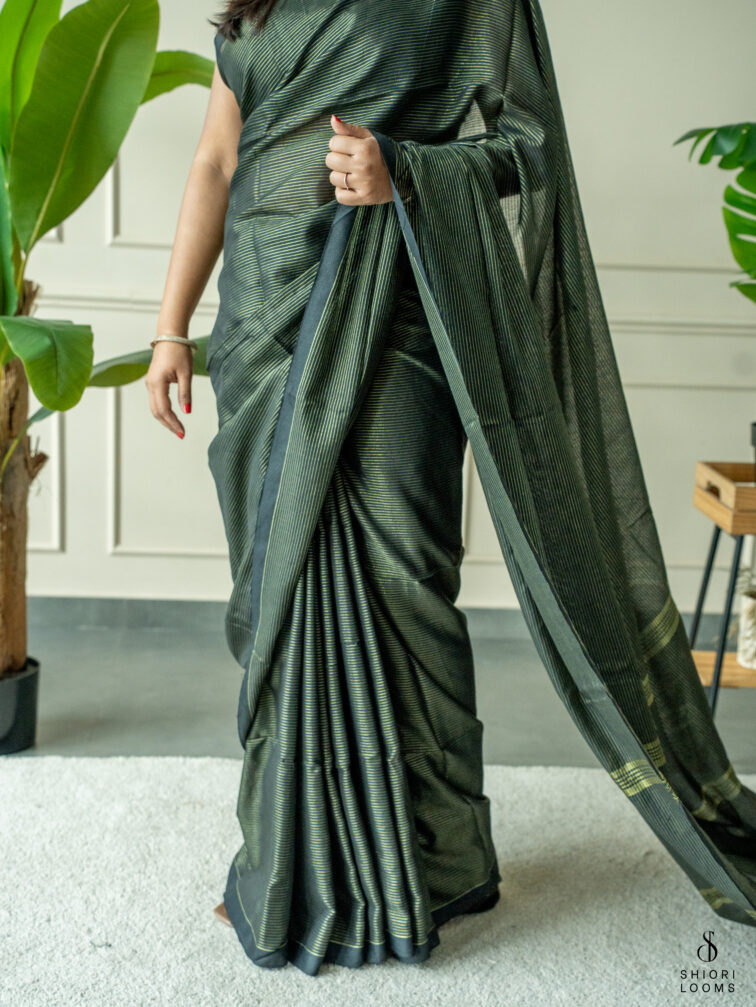 Handwoven Black cotton saree with Zari stripes