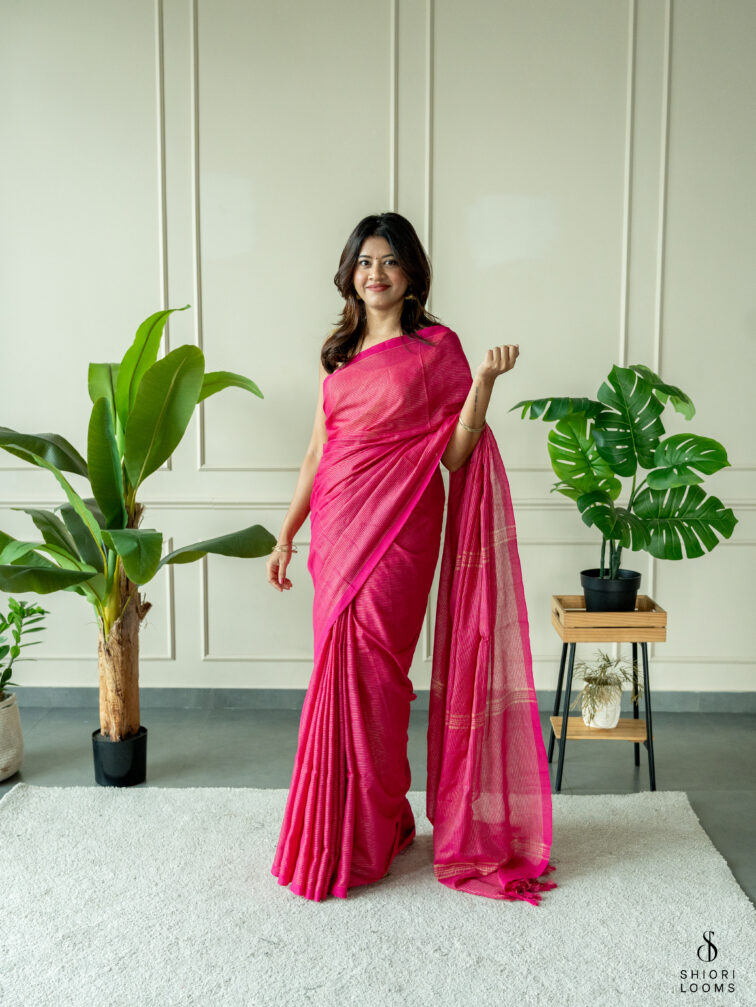 Handwoven Pink cotton saree with Zari Stripes