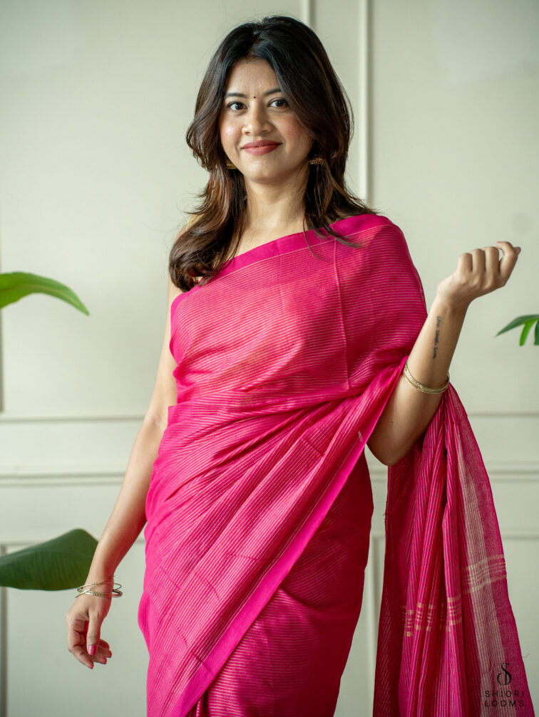 Handwoven Pink cotton saree with Zari Stripes