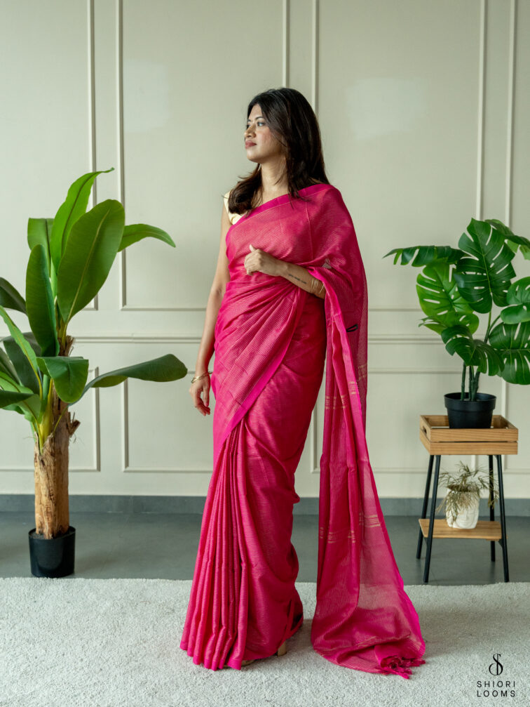 Handwoven Pink cotton saree with Zari Stripes
