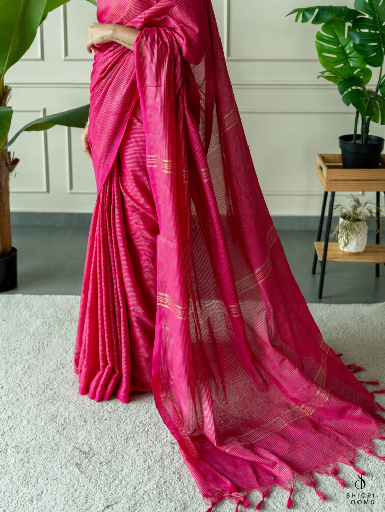Handwoven Pink cotton saree with Zari Stripes