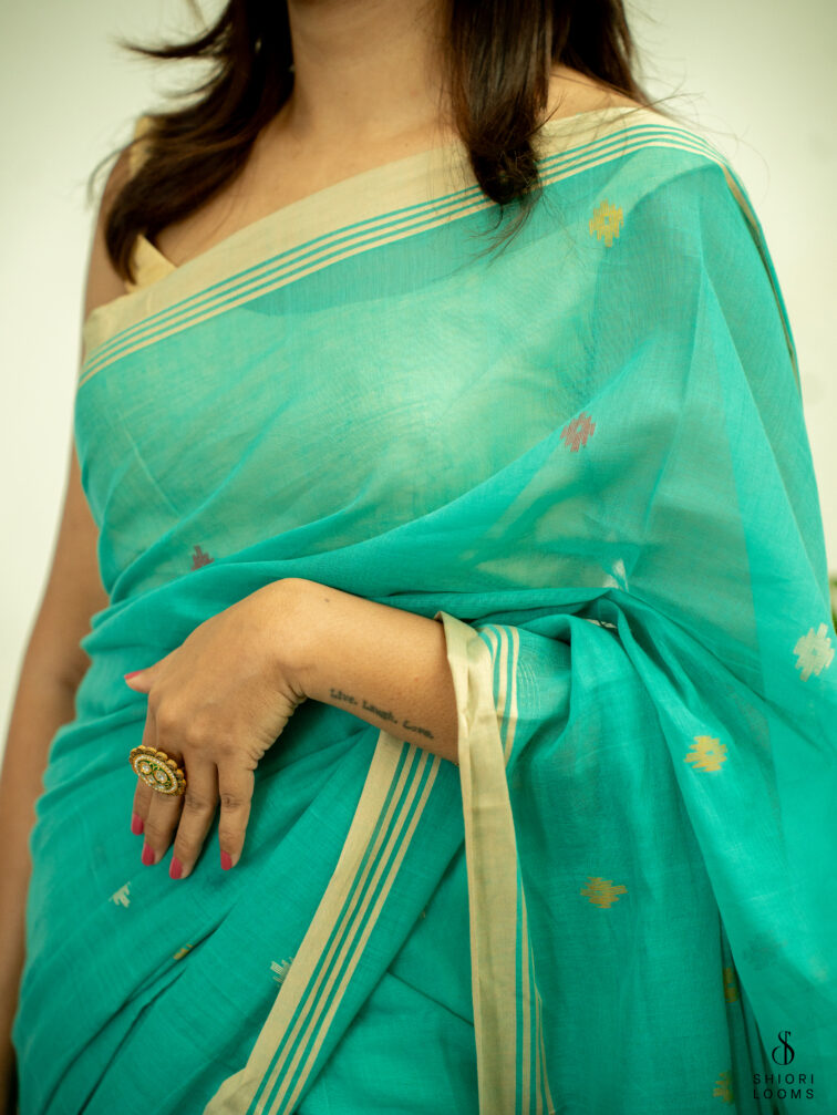 Handwoven Pure cotton Jamdani saree in sea green