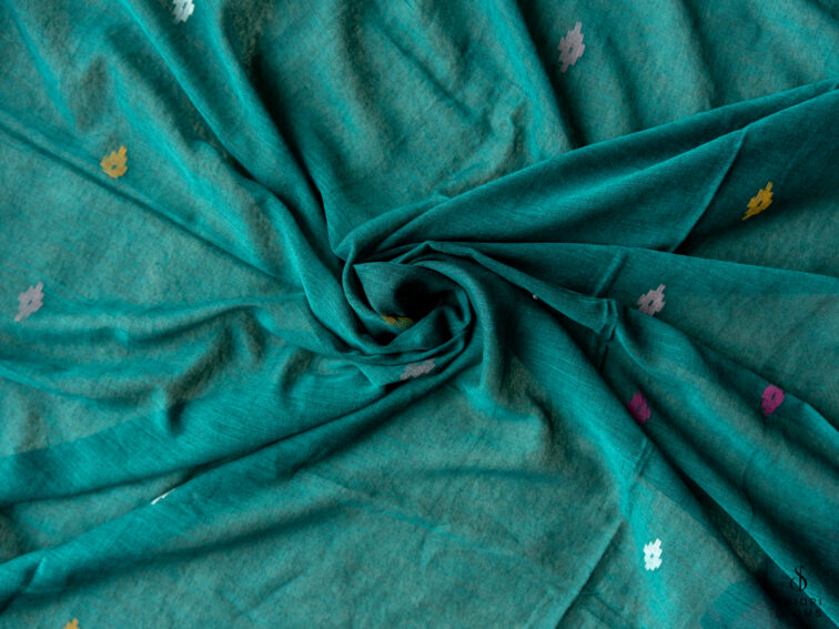 Handwoven Pure cotton Jamdani saree in dark green