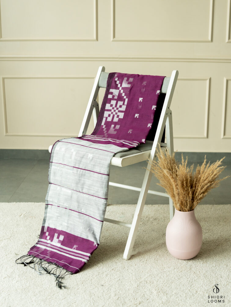 Handwoven cotton silk Jamdani saree in burgundy and grey