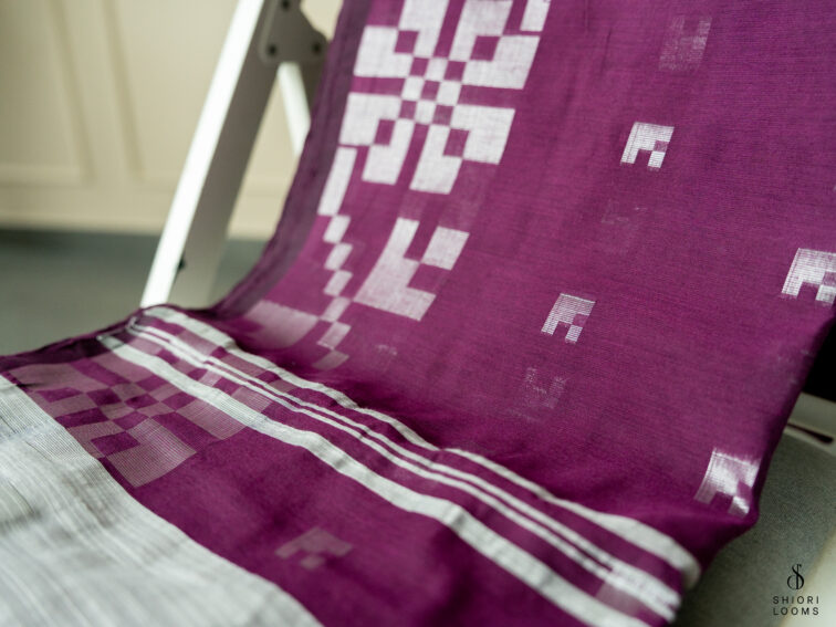 Handwoven cotton silk Jamdani saree in burgundy and grey