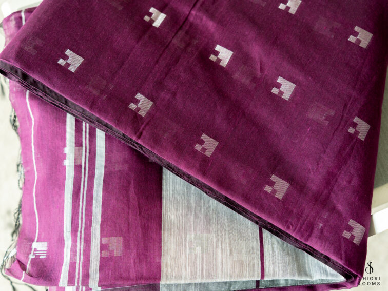 Handwoven cotton silk Jamdani saree in burgundy and grey