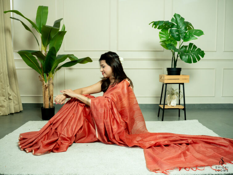Handwoven Matka silk saree in rust orange