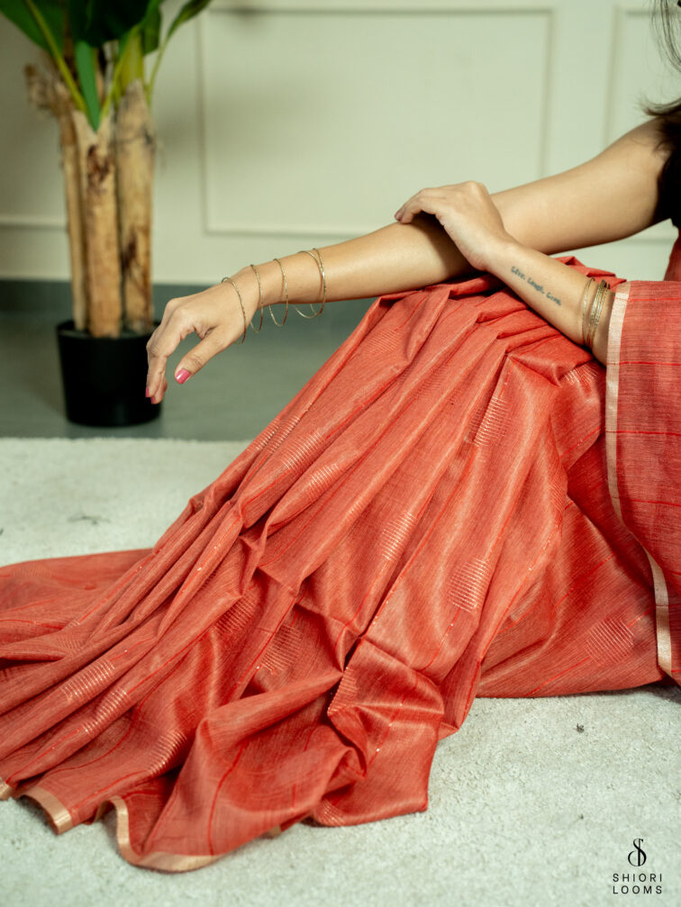 Handwoven Matka silk saree in rust orange