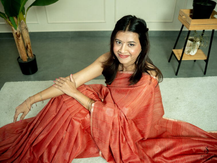Handwoven Matka silk saree in rust orange