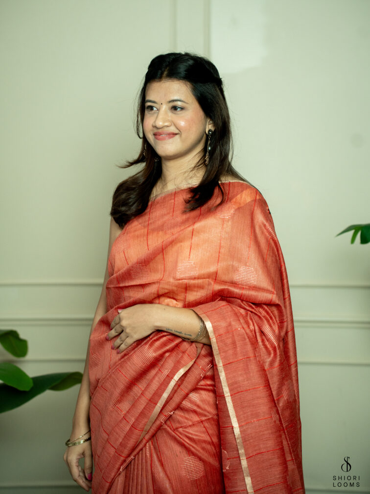 Handwoven Matka silk saree in rust orange