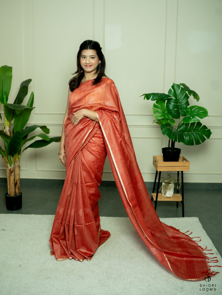 Handwoven Matka silk saree in rust orange