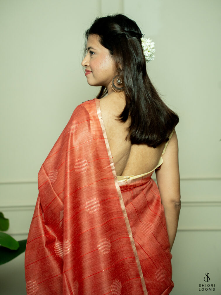 Handwoven Matka silk saree in rust orange