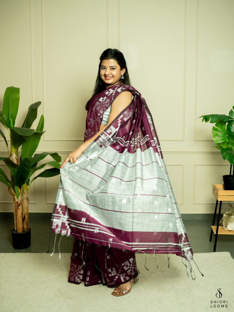 Handwoven cotton silk Jamdani saree in burgundy and grey
