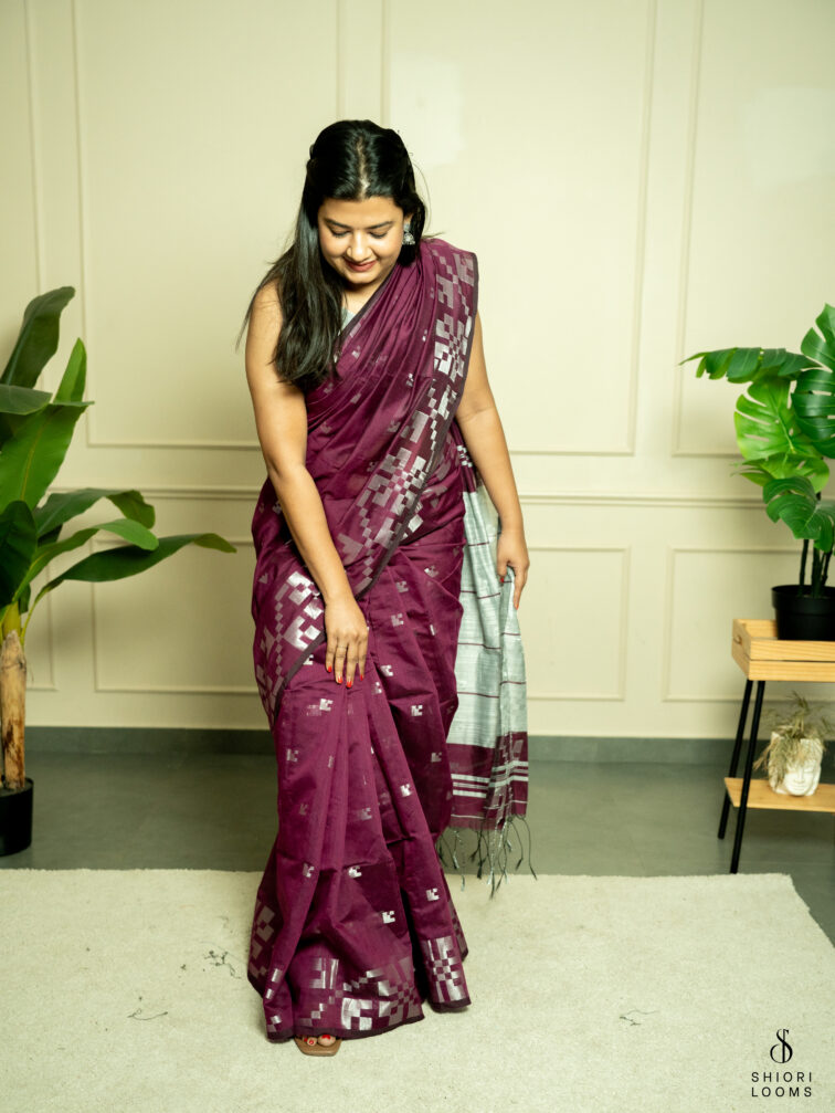 Handwoven cotton silk Jamdani saree in burgundy and grey